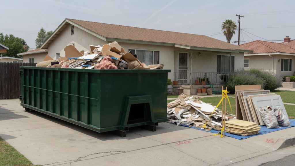 Roll-off dumpster rental delivered to a residential driveway