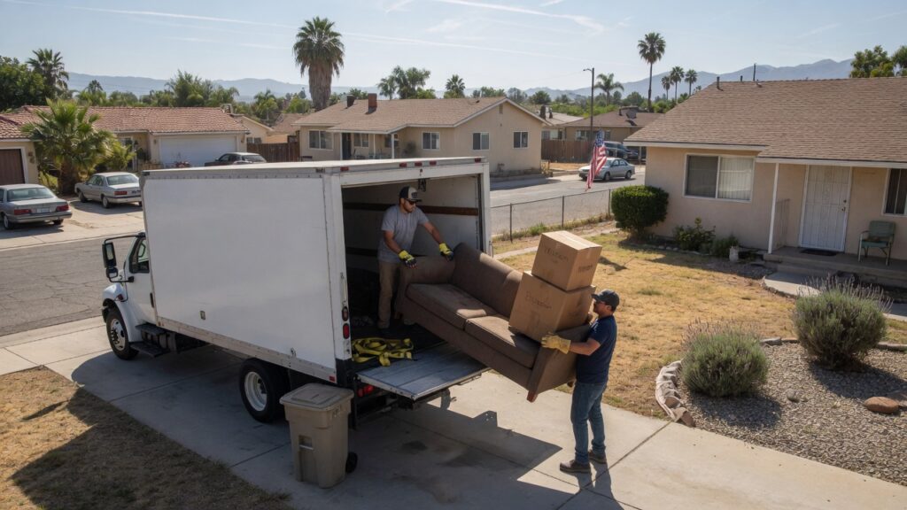 Junk removal crew loading furniture into a truck in a Hanford CA driveway